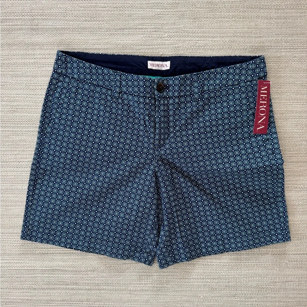 Merona navy green geometric print cotton classic chino shorts women’s 10‎ NWT